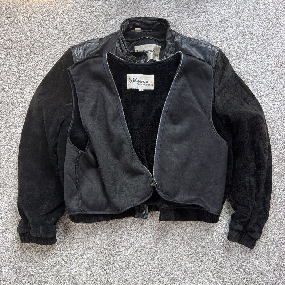 Vtg Wilsons Leather Suede Bomber Jacket Black Zip Out Vest Liner Womens Size 16